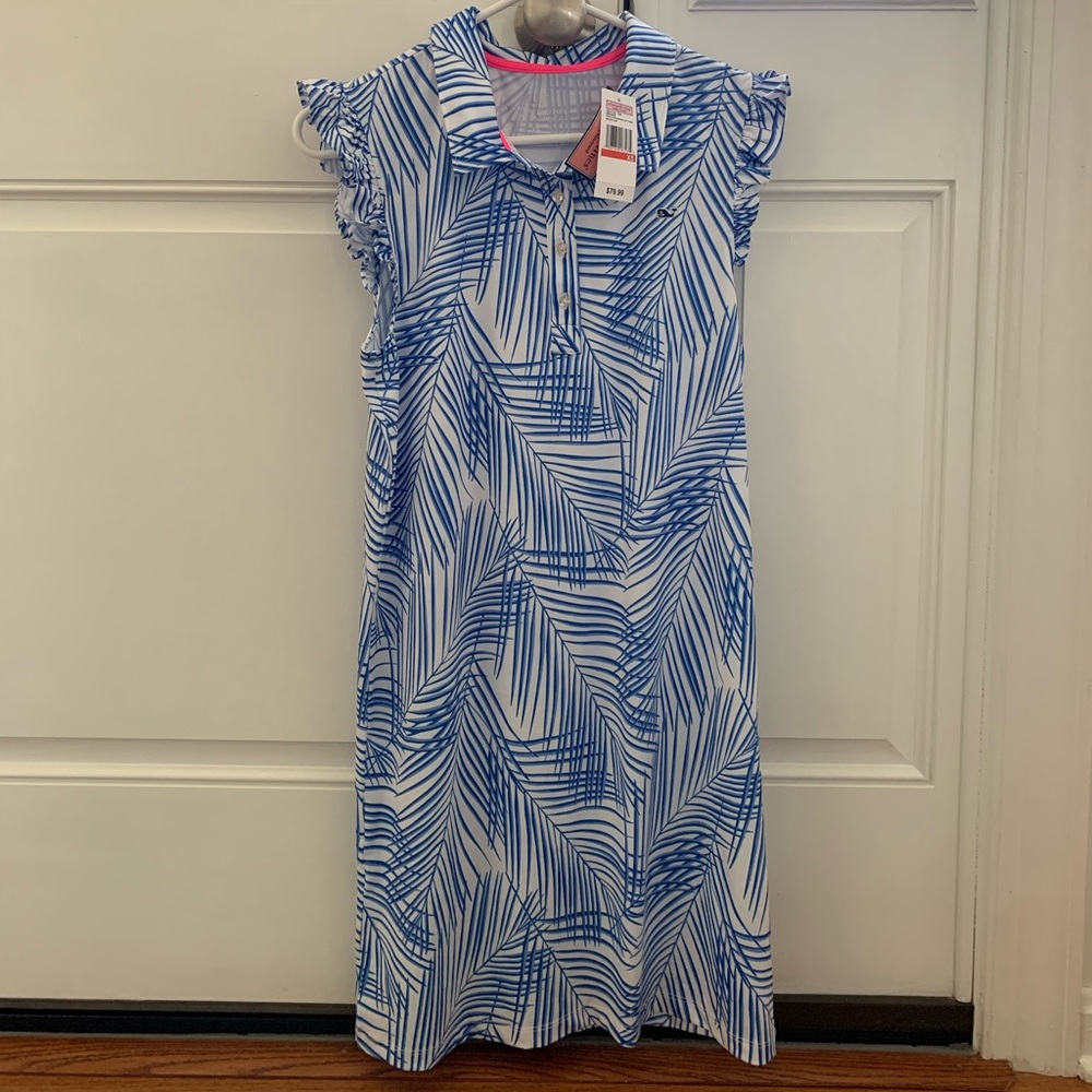 NWT Vineyard Vines printed performance sleeveless ruffle dress blue XS